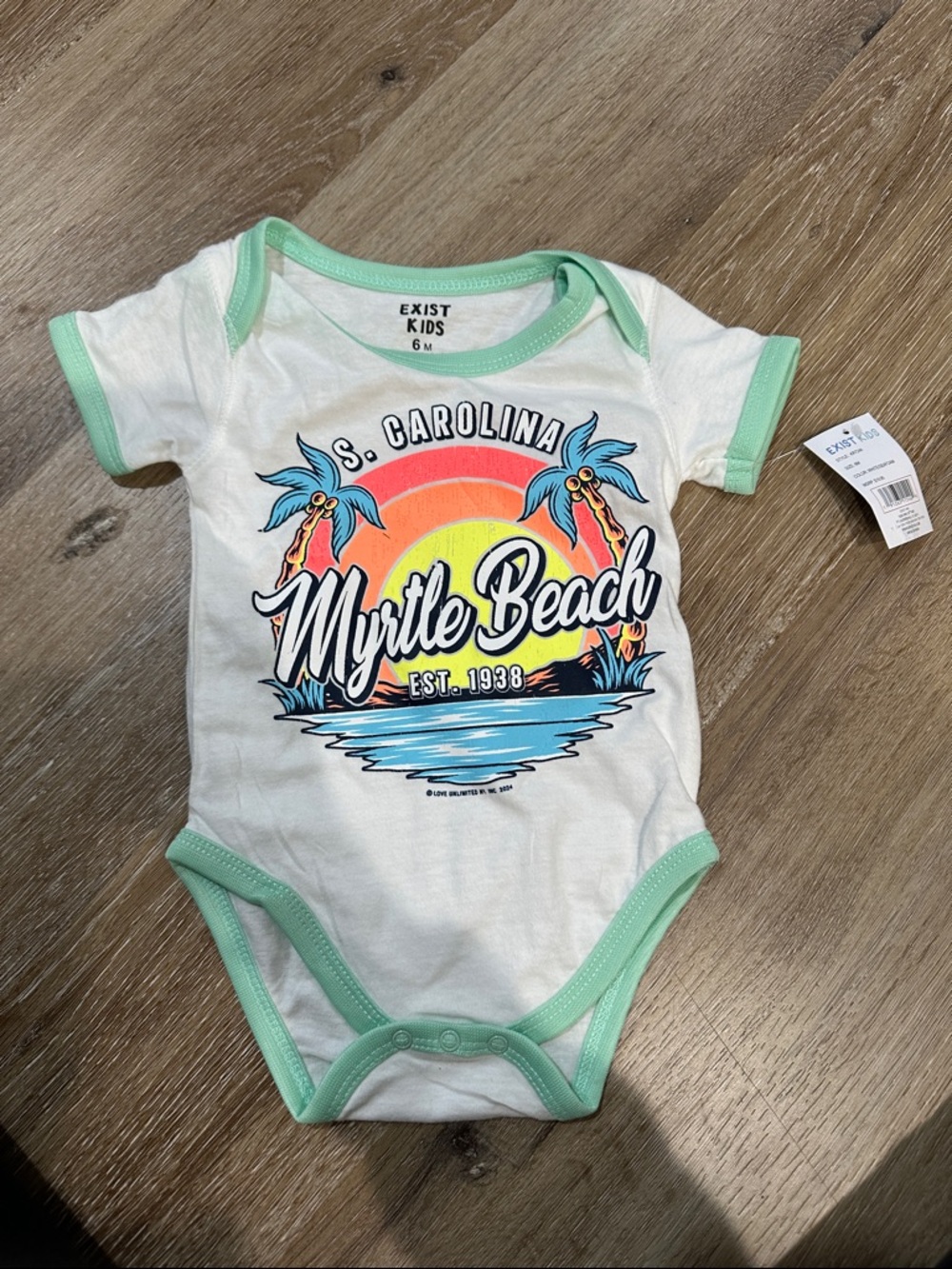 Exist Kids White One-Piece with Mint Trim and Colorful Myrtle Beach Graphic